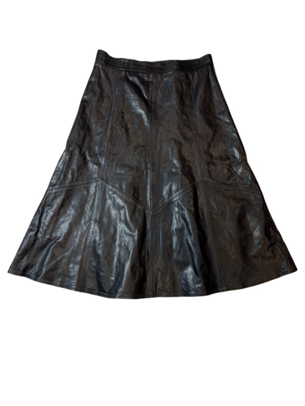 Vintage Arctic Dream Black Genuine Leather Midi Skirt Elastic Waist Grunge